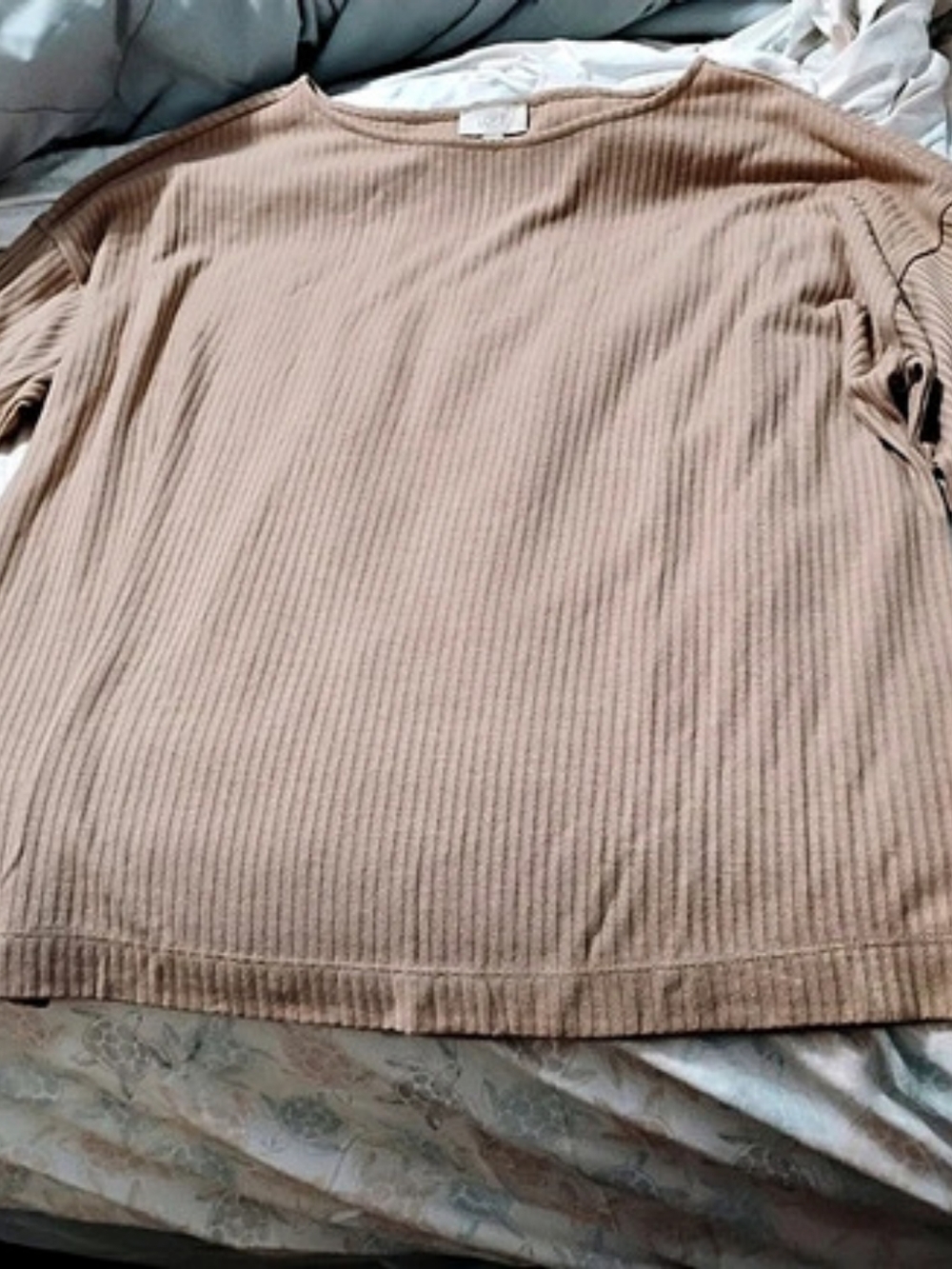 LOFT Ribbed Button-Sleeve Tunic in Beige XL Like New